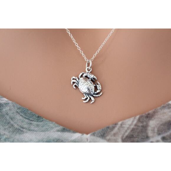 Sterling Silver Crab Necklace, Silver Crab Charm Necklace, Crab Charm Necklace - Picture 3 of 3